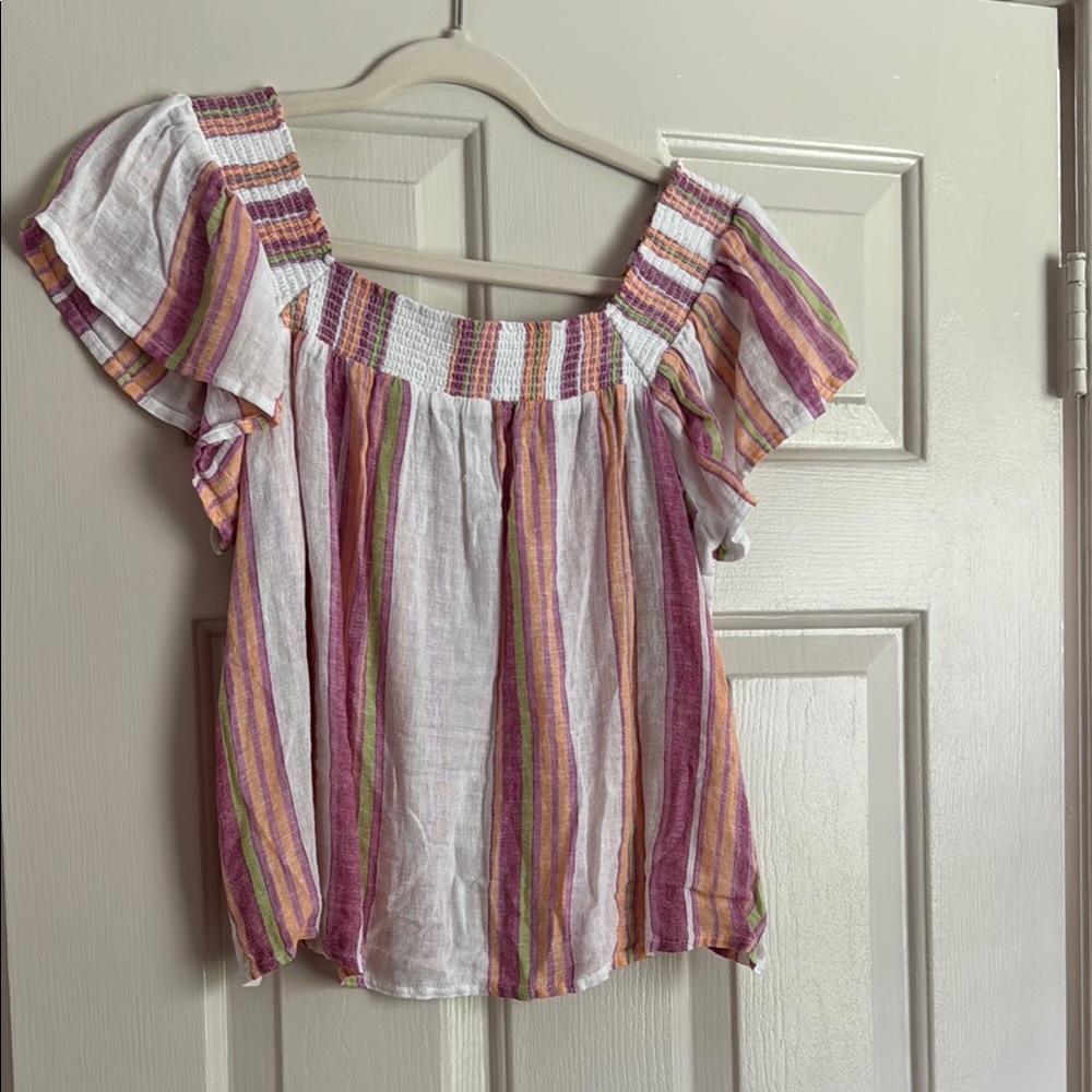 Rails Off-Shoulder Striped Blouse in White, Pink and Yellow